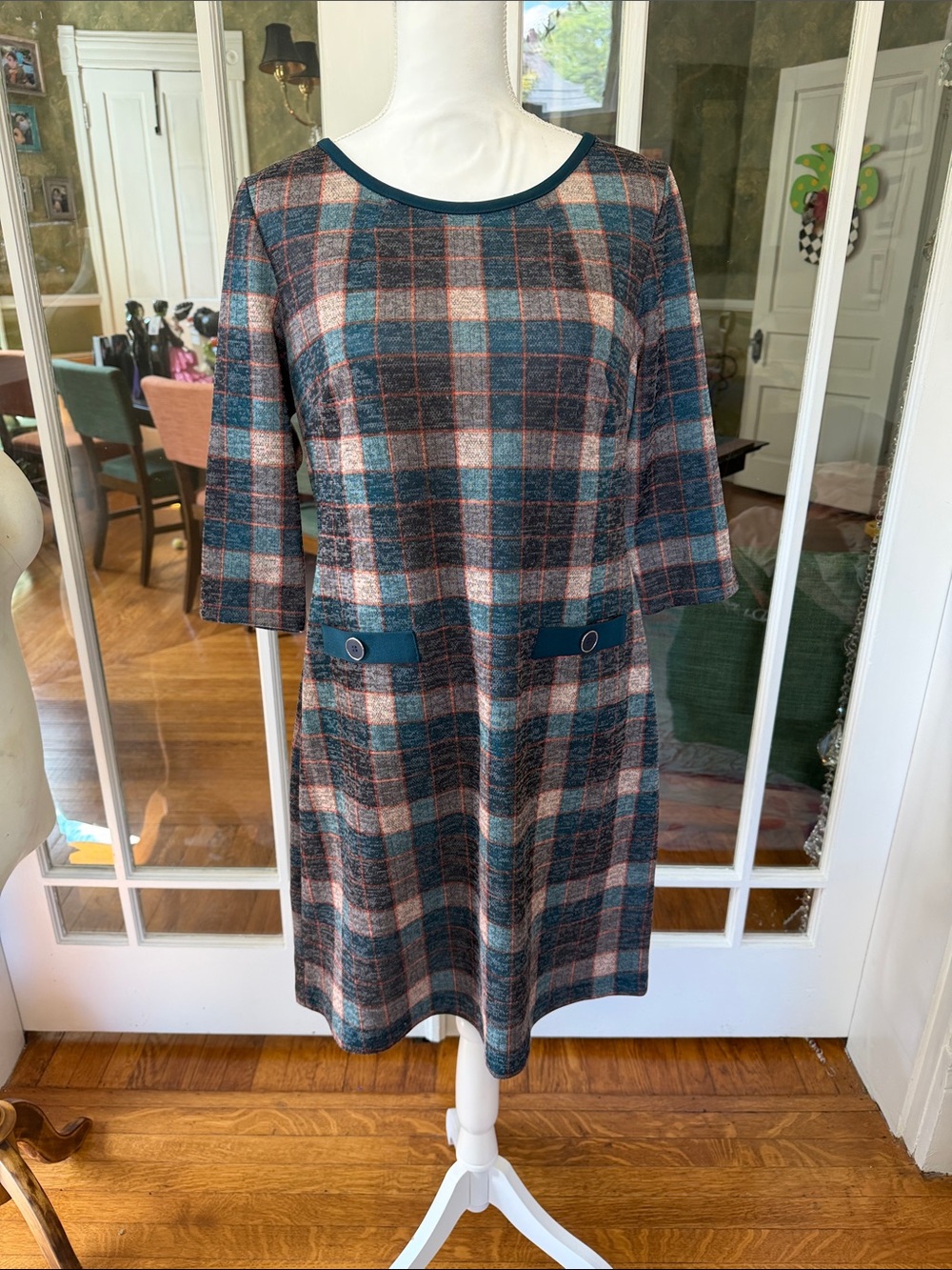 connected apparel Teal and Blush Plaid A-Line Midi Dress